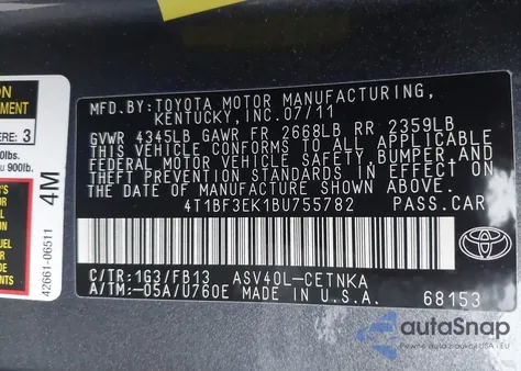 2011 Toyota Camry Le из США, поврежденный, VIN 4T1BF3EK1BU755782